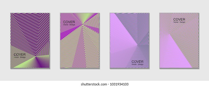 Violet and green halftone covers vector template with lines. Vector journal design geometric shape background set, halftone lines hipster pattern abstract covers collection.