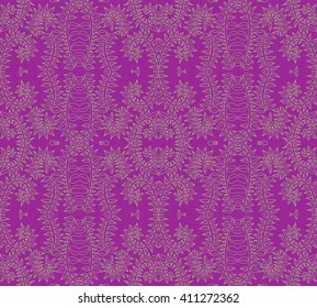 Violet and green intricate lacy vector seamless pattern with stylized floral elements; folk, rustic or boho style
