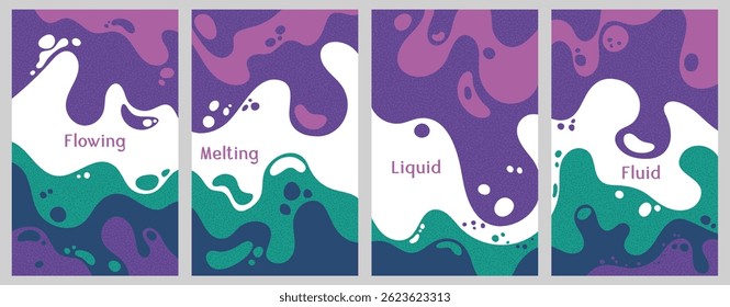 Violet green waves pattern summer banners. Bubble splashes and streams vector templates set. Fluid liquid flowing paint flyers. Wavy surface leaflets. Liquid bubbles, melting shapes