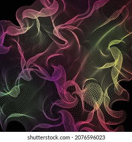 Fondo de tecnología de onda abstracta violeta de gradiente verde y amarillo con efecto digital de fondo negro concepto corporativo
