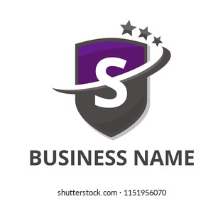 violet and grey color shield get slice into half logo graphic design with modern clean style for protection or security company with initial type letter s on it