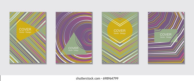 Violet, grey and gold halftone vector cover template with title places. Vector journal design geometric shape background set, halftone lines hipster pattern covers abstract collection.