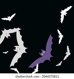 Violetgraues weißes Attack-Tapete. Nachtschwärmer-Retro-Flying Bats Art Muster. Black Motion Gothic Purple Halloween Modernes Design. Creepy Spooky farbige Print Eyes Flex Vektorgrafik.