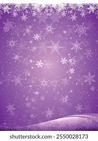 Violet grunge Christmas background, Christmas wishes background, Winter Snowfall Christmas background, Flying snow flakes and stars on winter Violet background. snowflake template. Vector illustration
