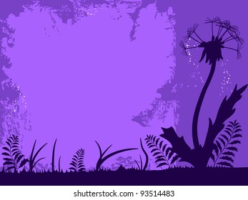 Violet grunge frame with silhouettes of dandelion and grass