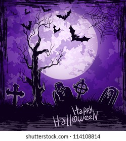 Violet grungy halloween background with full moon, tombstones and bats. Vector Illustration.