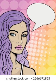 Violet hair cartoon lady with pink and yellow pop art style dots background