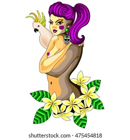 Violet haired girl with a parrot