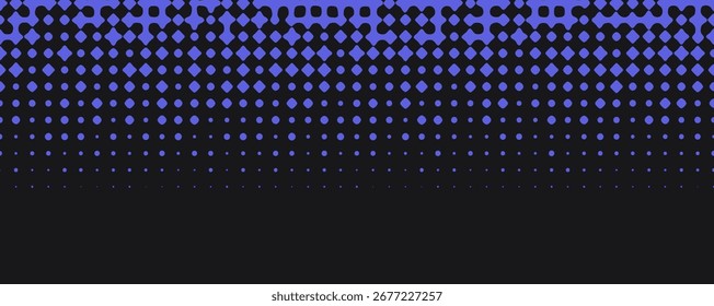Los puntos de semitono violeta descienden sobre el espacio oscuro, textura de patrón de fondo techno. Abstractas desvanecimiento de la rejilla, ilusión de profundidad para la tecnología, datos, cibernética en el Anuncio, cabecera, aterrizaje, presentación. telón de fondo del Vector