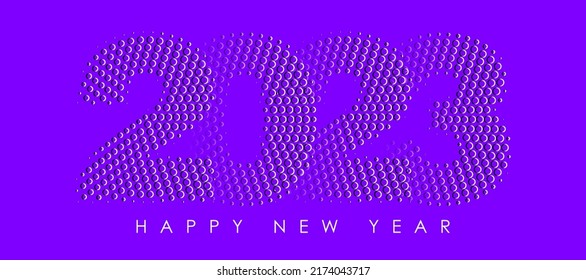 Violet Halftone número 2023 con fondo violeta. encabezado de calendario 2023. Tarjeta de felicitación de Año Nuevo. Celebración de Navidad. Tipografía diseño de póster, banner o logo de moda mínimo.