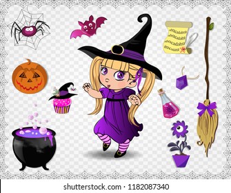 Violet halloween cartoon set of various objects for witches and cute little witch in costume and hat isolated on transparent background. Vector icons, clip art, elements for game or character creation