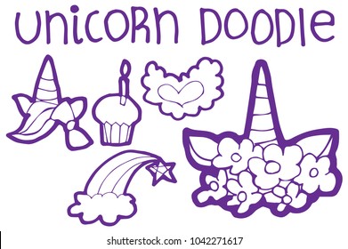Violet Hand Drawing, Sketch, Doodle on Isolated Background - Cute Black and White Unicorn Horse Animal Fantasy Magic Dream Girl Art Concept - Graphic Design Resource, Elements, Vector Illustration