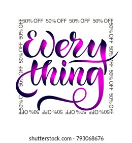 Violet hand sketched vector design "50% off everything" on white background for discount price, special discount, discount card, promotion. Lettering typography icon as logotype, badge