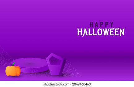 violet happy halloween banner with podium product display and tombstone