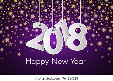 Violet Happy New Year 2018 greeting card concept with paper cuted white numbers on golden star fall background. Vector illustration