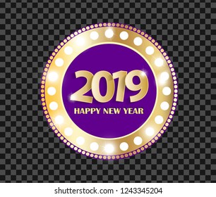 Violet Happy New Year 2019 greeting card concept with golden cuted numbers isolated on dark transparent background. Vector illustration