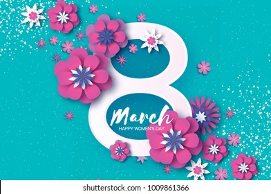 Violet Happy Women s Day. Violet 8 March. Trendy Mother s Day. Paper cut Floral Greeting card. Origami flowers. Spring blossom. Seasonal holiday. Eight number frame. Trendy paper decoration.