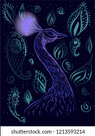 Violet head of peacock on the dark blue watercolor background with arabian paisley.Boho chic.Print for t shirt. Symbol of beauty.Colorful fashion card with phoenix for the design of textiles, clothing