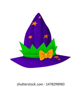 Violet headdresses of wizards, magicians, witches of different colors and shapes. Isolated object on a white background. Vector illustration.