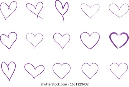 Violet heart contour vector. Hand drawn love icon isolated. Paint brush stroke heart icon. Hand drawn vector for love logo, heart symbol, doodle icon and Valentine's day. Painted grunge vector shape