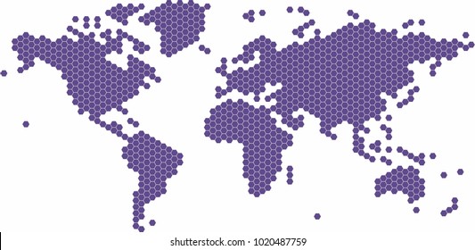 Violet hexagon shape world map on white background, vector illustration.