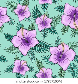 Violet hibiscus flowers with palm tree leaves seamless pattern on turquoise background. Great for spring and summer wallpaper, backgrounds, invitations, packaging design projects textile