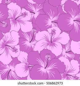 Violet hibiscus flowers seamless pattern.
