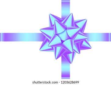 Violet holographic gift ribbon and bow isolated on white background. Neon gradient Christmas, New Year, birthday decoration. Vector realistic decor element  for banner, greeting card, poster.