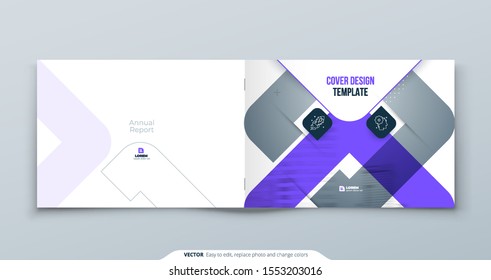 Violet Horizontal Brochure Design. A4 Cover Template For Brochure, Report, Catalog, Magazine. Brochure Layout With Bright Color Shapes And Abstract Background. Horizontal Modern Brochure Concept