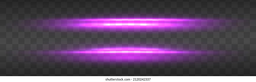 Violet horizontal lens flares pack. Glowing purple, pink light special effects isolated on transparent background. Laser beams, horizontal light rays. Purple line. Vector illustration, eps 10.