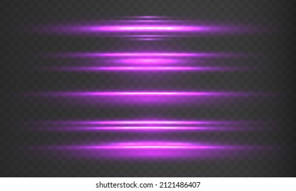 Violet horizontal lens flares pack. Glowing purple, pink light special effects isolated on transparent background. Laser beams, horizontal light rays. Purple line. Vector illustration, eps 10.