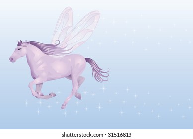 Violet horse flying on a blue background with sparkles.