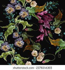 Violet hyacinths and blue flowers. Seamless pattern. Embroidery background. Fashion template for design of clothes, tapestry. Spring garden art