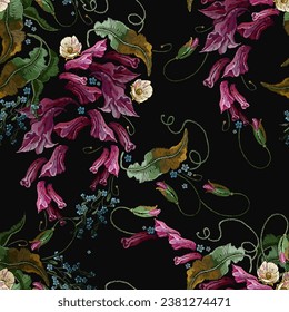 Violet hyacinths and white flowers. Seamless pattern. Embroidery background. Fashion template for design of clothes, tapestry. Spring garden art