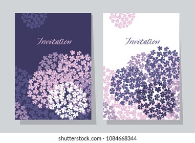 violet hydrangea round bouquet card template. floral stock vector illustration. abstract hydrangea flowers design element for postcard, header, cover, poster, invitation