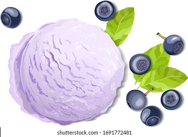 Violet ice cream with blueberry isolated on white background, top view