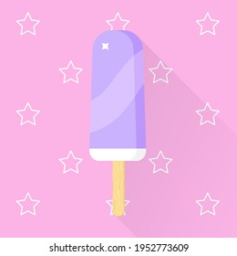 Violet ice lolly stick popsicle icon. Bright plum glaze ice cream on bright magenta pink background. Sweet fresh yummy fruit ice dessert, summer party snack food. Colorful flat vector illustration.