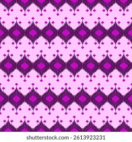 Violet ikat embroidery tribal ethnic seamless pattern on light purple background. Vector illustration.
