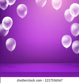 Violet illuminated room with balloons. Vector illustration. Advertising frame ready for a text