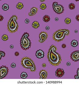 Violet indian seamless eastern background with paisley ornament and decorative flowers. Vector
