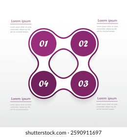 Violet infographic template with 4 steps, options, parts or processes. Presentation of teamwork or business processes. Concept of molecule.