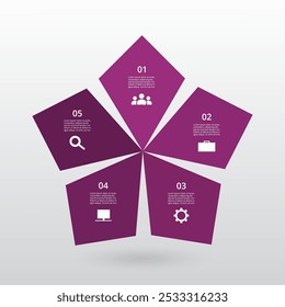 Violet infographic template with 5 steps, options, parts or processes.