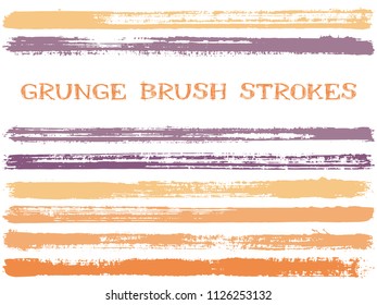 Violet ink brush strokes isolated design elements. Set of paint lines. Urban stripes, textured paintbrush stroke shapes. Collection of ink brushes, stripes isolated on white, vector paint samples.