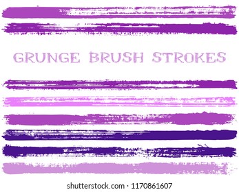 Violet ink brush strokes isolated design elements. Set of paint lines. Artistic stripes, textured paintbrush stroke shapes. Collection of ink brushes, stripes isolated on white, vector paint samples.