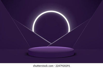 Violet interior with podium and circle neon light. Vector 3d illustration