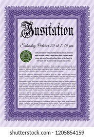 Violet Invitation. Complex background. Money Pattern design. Detailed. 