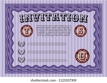 Violet Invitation. With complex linear background. Retro design. Vector illustration. 