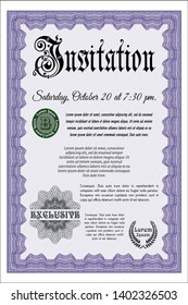 Violet Invitation. Customizable, Easy to edit and change colors. With guilloche pattern. Money Pattern. 