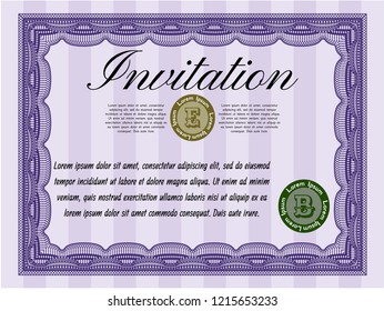 Violet Invitation. With guilloche pattern and background. Detailed. Cordial design. 