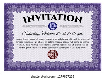 Violet Invitation. With guilloche pattern and background. Vector illustration. Money Pattern. 